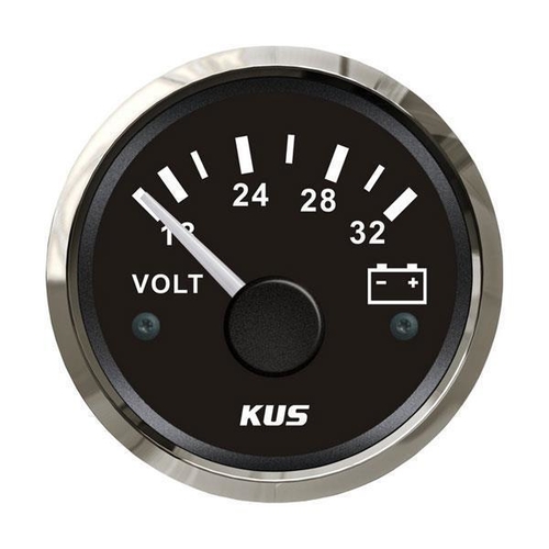 Voltmeter 12/24V, sort med stålring, 52 mm