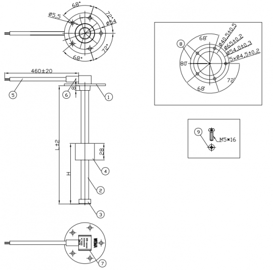 Brændstof-/vandtank niveauføler, SAE 5 huls flange, 600 mm