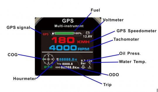 Multi-instrument, 11 funktioner, sort med sort stålring, 85 mm, inkl. GPS antenne