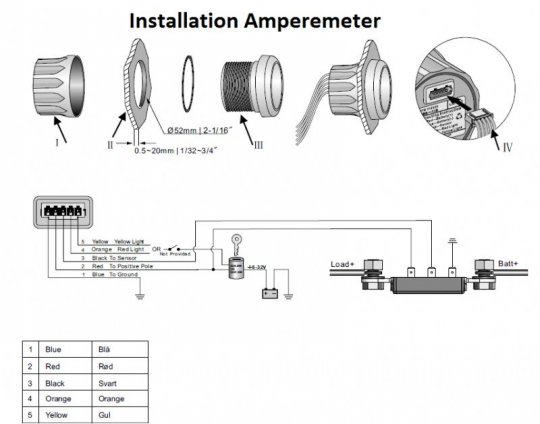 Amperemeter, digital, 0-80A, sort med stålring, 52 mm (med føler)