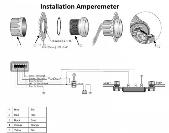 Amperemeter 80A, sort med stålring, 52 mm (med føler ved batteri)