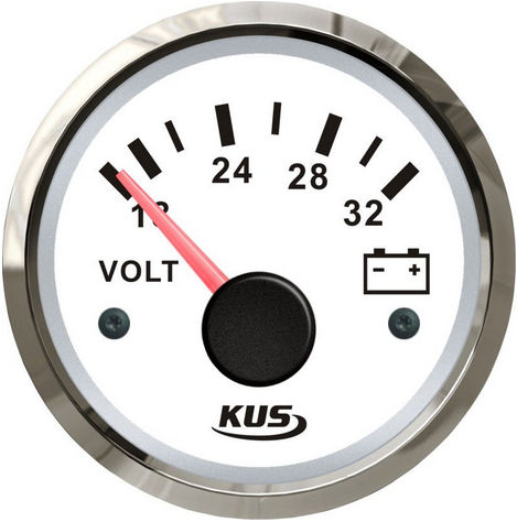 Voltmeter 12/24V, hvid med stålring, 52 mm