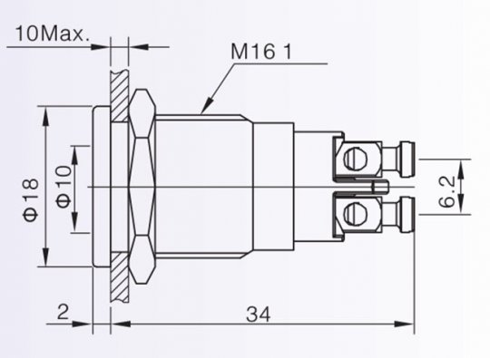 Alarmlampe, 16 mm, med rødt LED lys, 12 volt