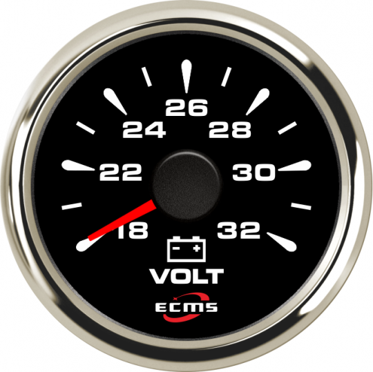 Voltmeter 12V, sort med stålring, 52 mm