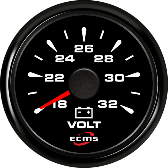 Voltmeter 12V, sort med sort stålring, 52 mm